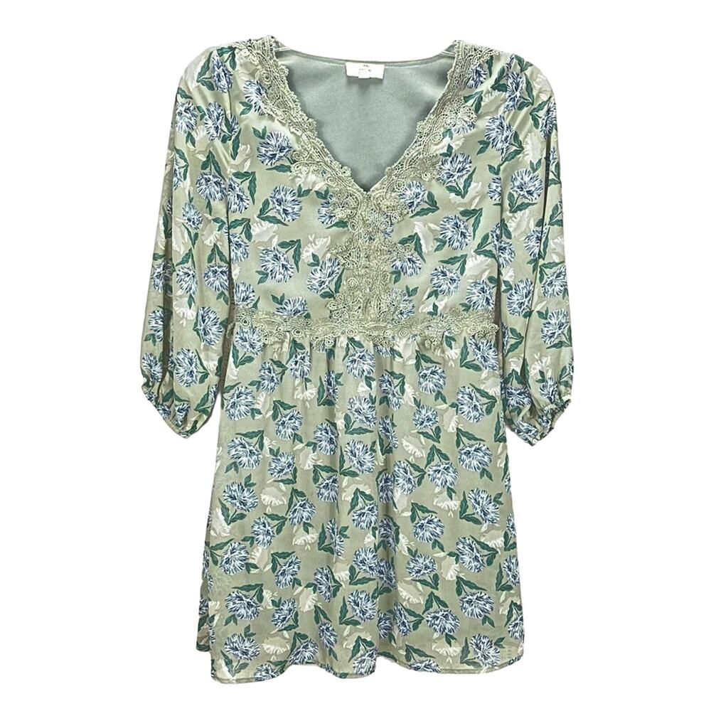 ENTRO Sage Green Boho Lace Trim Puffy Sleeve Floral Print Mini Dress Sz Small